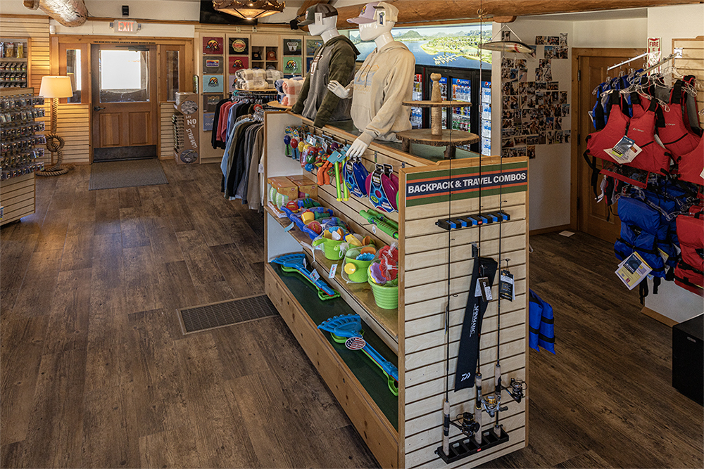 Marina store and tackle shop interior with fishing poles