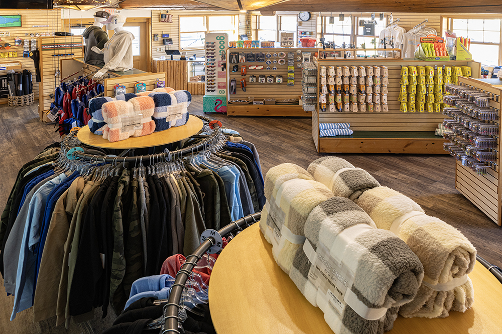 Marina store and tackle shop interior with apparel